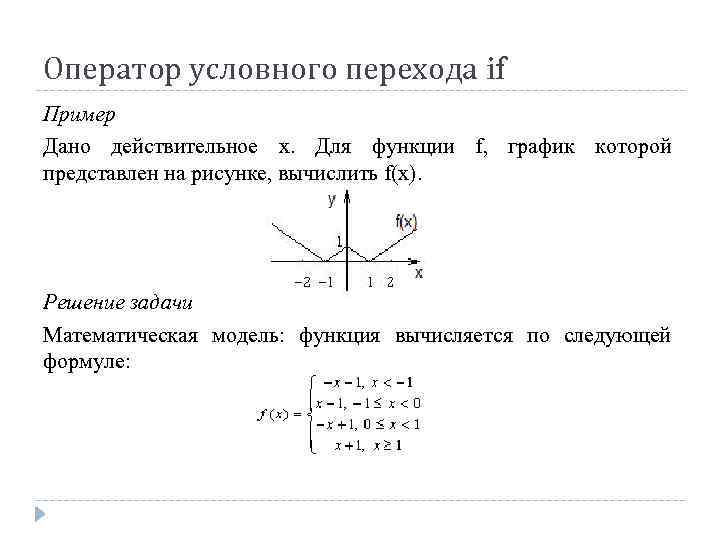 Оператор условного перехода if Пример Дано действительное x. Для функции f, график которой представлен