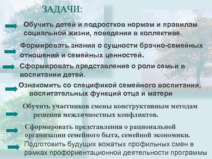 ЗАДАЧИ: Обучить детей и подростков нормам и правилам социальной жизни, поведения в коллективе. Формировать