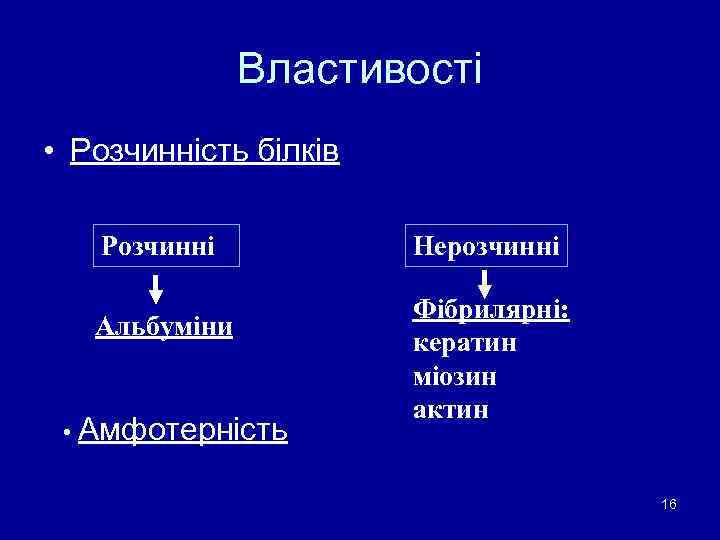 Властивості • Розчинність білків Розчинні Альбуміни • Амфотерність Нерозчинні Фібрилярні: кератин міозин актин 16