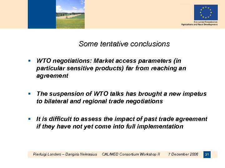 Some tentative conclusions § WTO negotiations: Market access parameters (in particular sensitive products) far