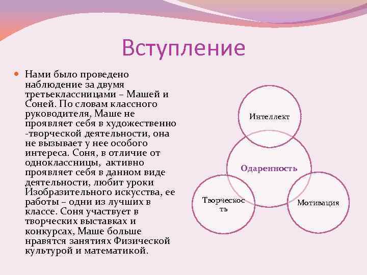 Вступление Нами было проведено наблюдение за двумя третьеклассницами – Машей и Соней. По словам