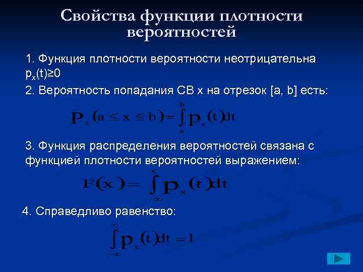 Свойства функции плотности вероятностей 1. Функция плотности вероятности неотрицательна px(t)≥ 0 2. Вероятность попадания