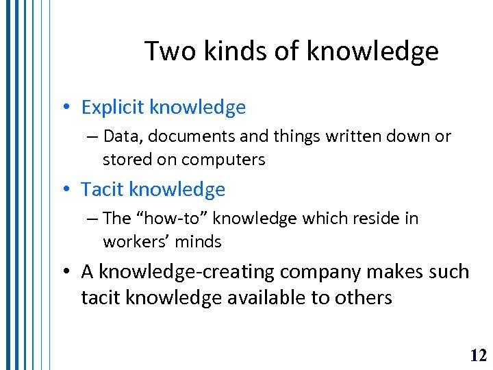 Two kinds of knowledge • Explicit knowledge – Data, documents and things written down