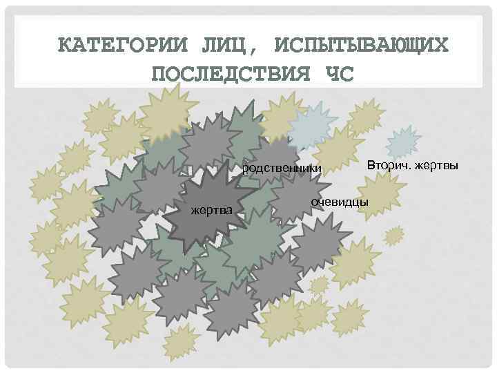 КАТЕГОРИИ ЛИЦ, ИСПЫТЫВАЮЩИХ ПОСЛЕДСТВИЯ ЧС родственники жертва Вторич. жертвы очевидцы 