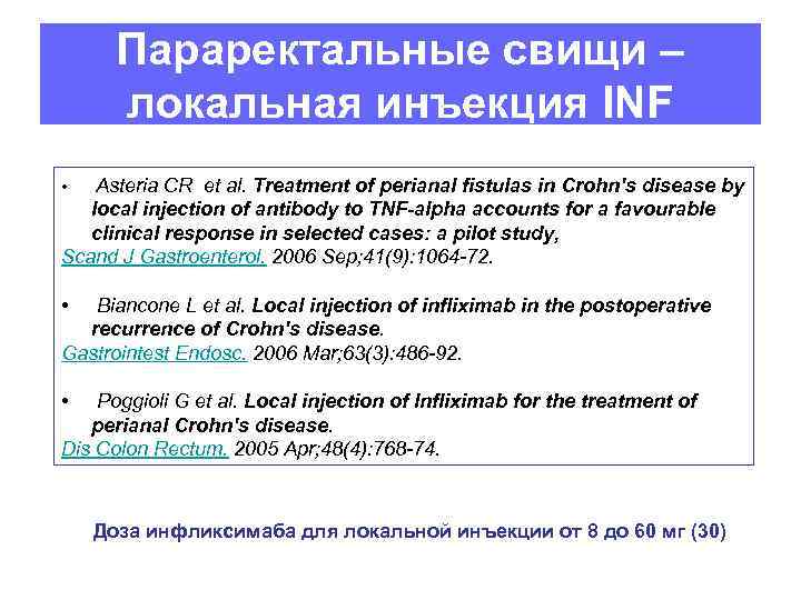 Параректальные свищи – локальная инъекция INF Asteria CR et al. Treatment of perianal fistulas