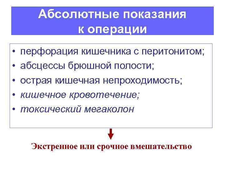 Абсолютные показания к операции • • • перфорация кишечника с перитонитом; абсцессы брюшной полости;