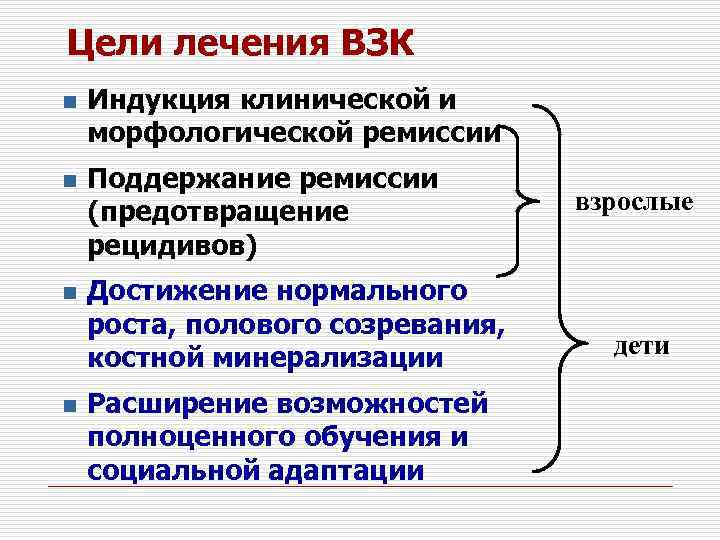 Цели лечения ВЗК n n Индукция клинической и морфологической ремиссии Поддержание ремиссии (предотвращение рецидивов)