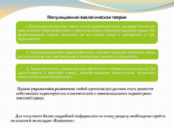 Популяционно-экологическая теория 1) Организация должна иметь такие характеристики, которые являются результатом приспособления к изменяющимся