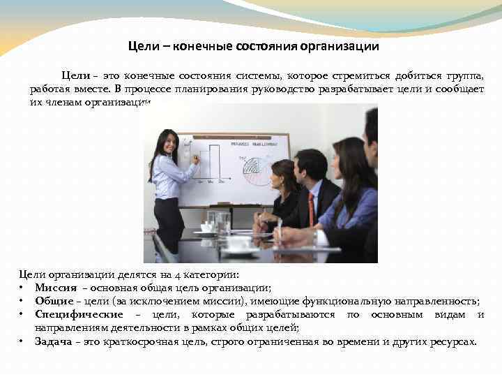 Цели – конечные состояния организации Цели – это конечные состояния системы, которое стремиться добиться