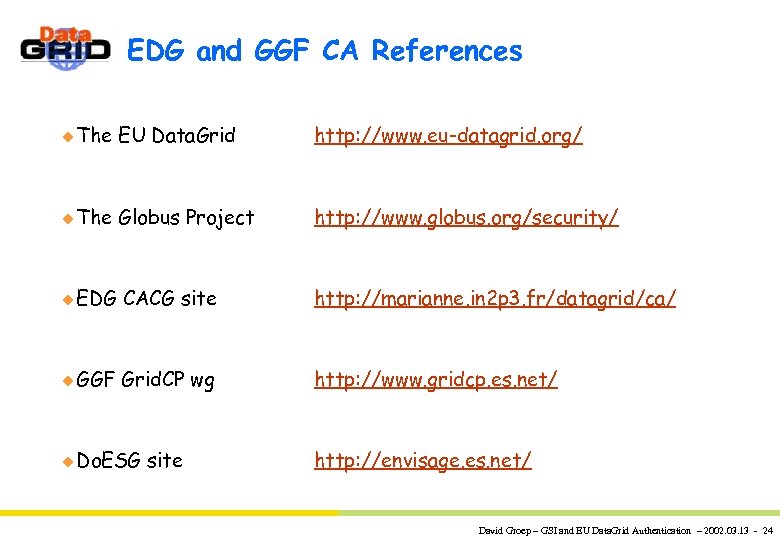 EDG and GGF CA References u The EU Data. Grid http: //www. eu-datagrid. org/