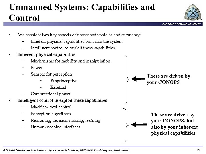 Unmanned Systems: Capabilities and Control • • • We consider two key aspects of