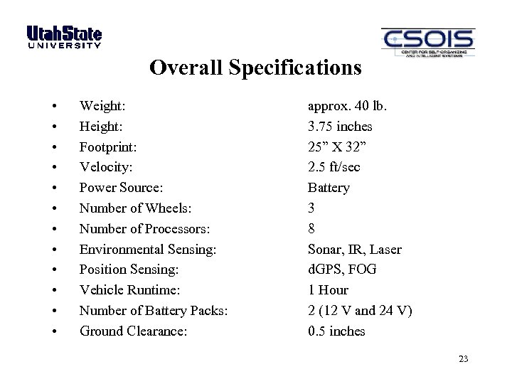 Overall Specifications • • • Weight: Height: Footprint: Velocity: Power Source: Number of Wheels: