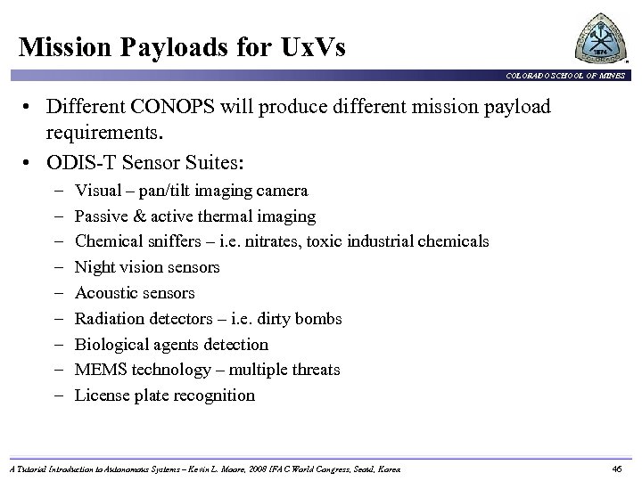 Mission Payloads for Ux. Vs COLORADO SCHOOL OF MINES • Different CONOPS will produce