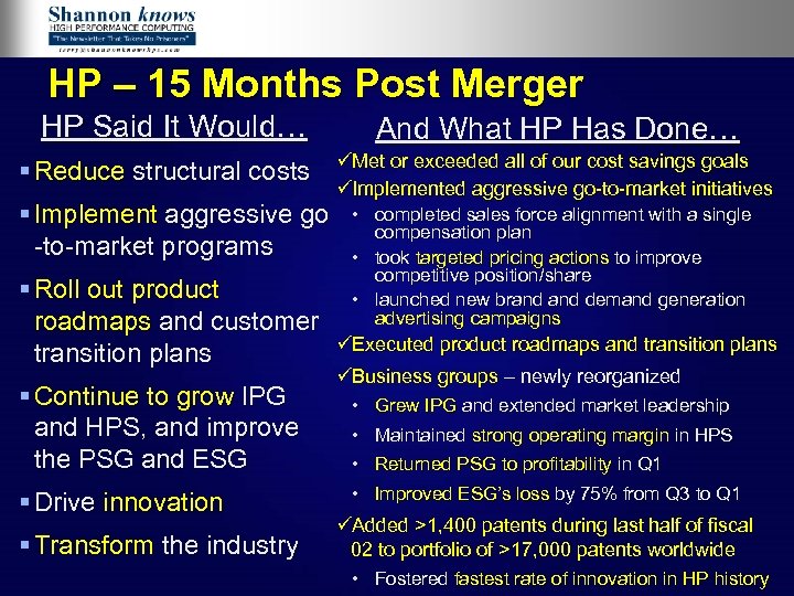 HP – 15 Months Post Merger HP Said It Would… § Reduce structural costs