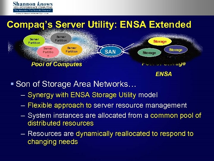 Compaq’s Server Utility: ENSA Extended Server Partition Server Partition Storage SAN Pool of Computes