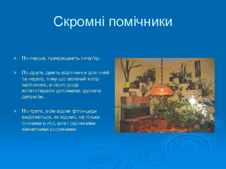 Скромні помічники Ø По-перше, прикрашають інтер’єр. Ø По-друге, дають відпочинок для очей та нервів,