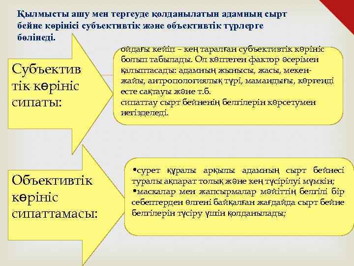 Қылмысты ашу мен тергеуде қолданылатын адамның сырт бейне көрінісі субъективтік және объективтік түрлерге бөлінеді.