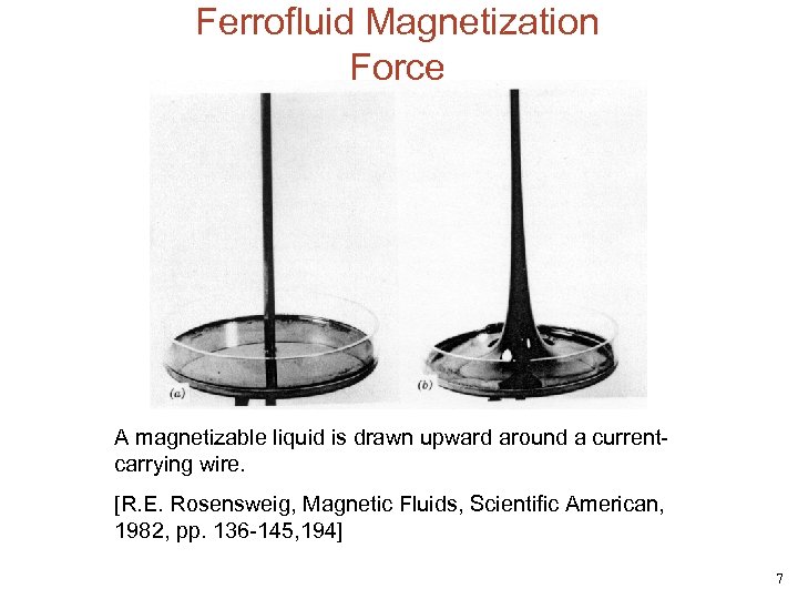 Ferrofluid Magnetization Force A magnetizable liquid is drawn upward around a currentcarrying wire. [R.