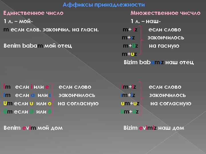 Аффиксы принадлежности Единственное число Множественное чисчло 1 л. – мой 1 л. – нашm