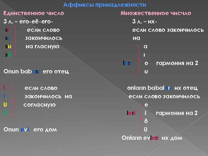 Аффиксы принадлежности Единственное число Множественное чисчло 3 л. – eго-её-его 3 л. – ихsi