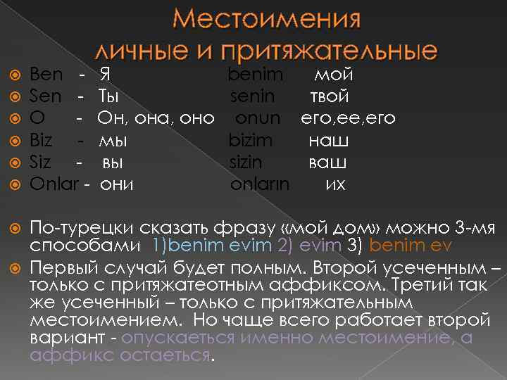  Ben Sen O Biz Siz Onlar - Местоимения личные и притяжательные Я Ты