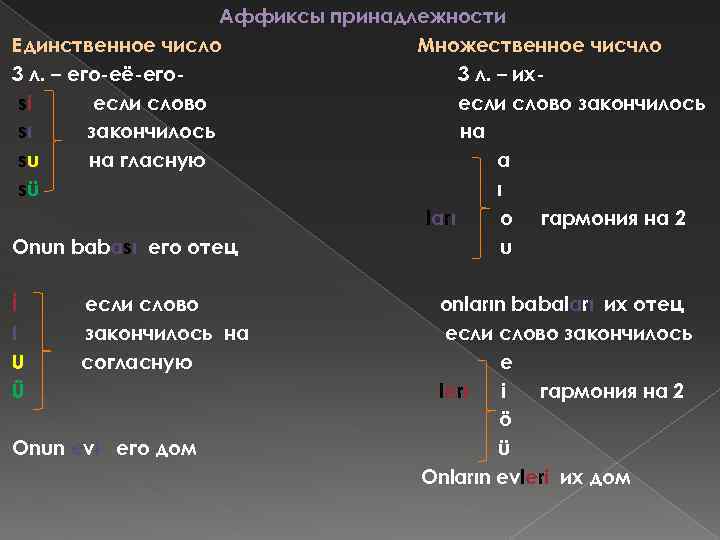 Аффиксы принадлежности Единственное число Множественное чисчло 3 л. – eго-её-его 3 л. – ихsi