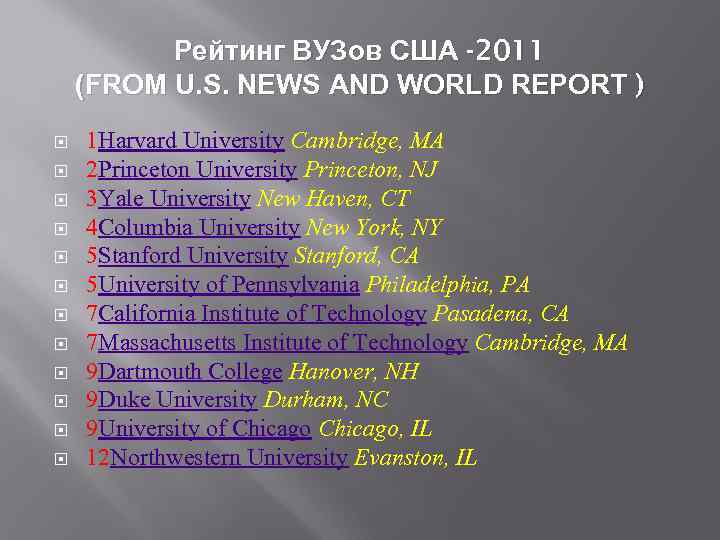 Рейтинг ВУЗов США -2011 (FROM U. S. NEWS AND WORLD REPORT ) 1 Harvard