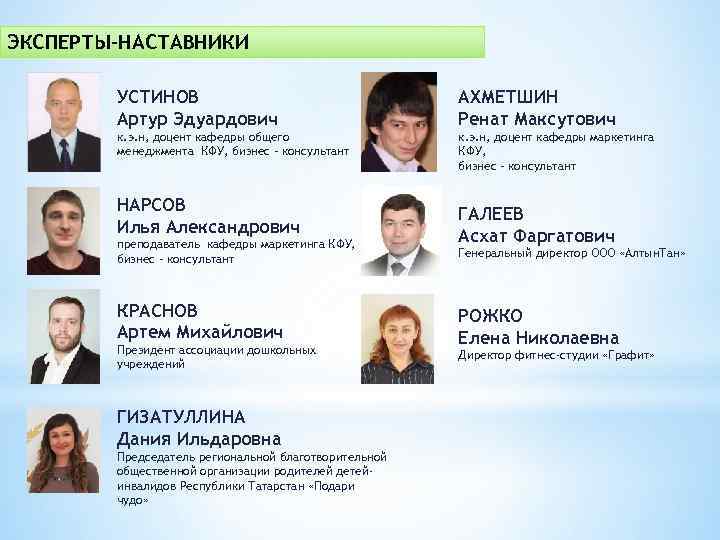 ЭКСПЕРТЫ-НАСТАВНИКИ УСТИНОВ Артур Эдуардович АХМЕТШИН Ренат Максутович к. э. н, доцент кафедры общего менеджмента