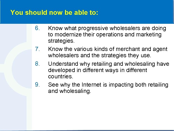 You should now be able to: 6. 7. 8. 9. Know what progressive wholesalers