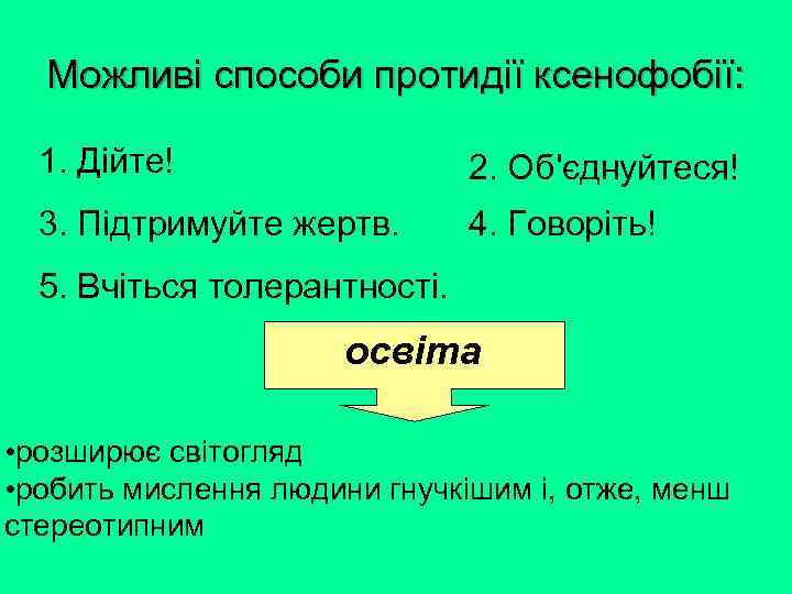 Можливі способи протидії ксенофобії: 1. Дійте! 2. Об'єднуйтеся! 3. Підтримуйте жертв. 4. Говоріть! 5.