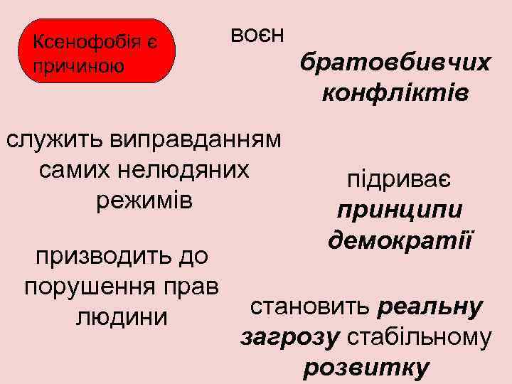 Ксенофобія є причиною воєн служить виправданням самих нелюдяних режимів призводить до порушення прав людини