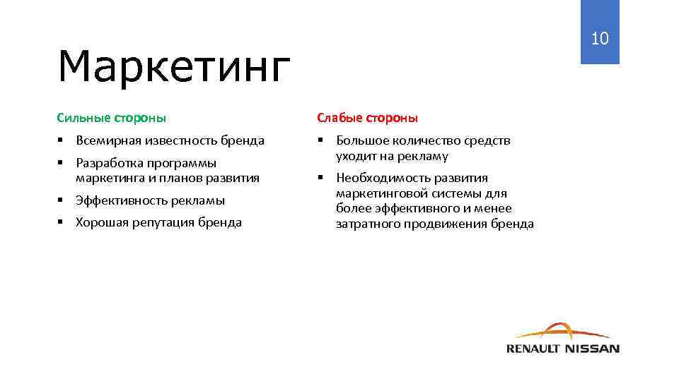 10 Маркетинг Сильные стороны Слабые стороны § Всемирная известность бренда § Большое количество средств