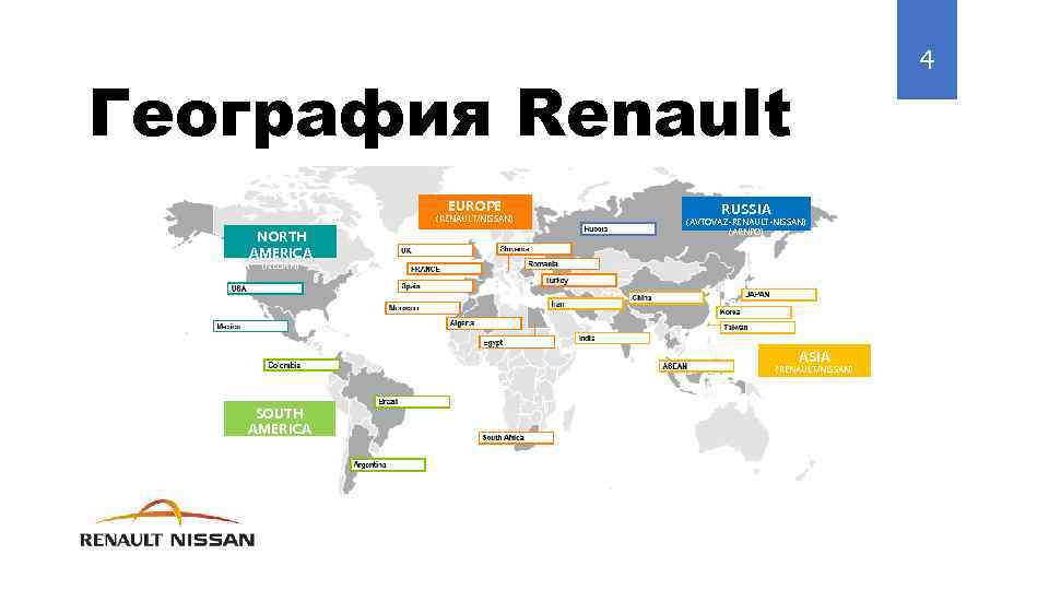 4 География Renault EUROPE (RENAULT/NISSAN) NORTH AMERICA RUSSIA (AVTOVAZ-RENAULT-NISSAN) (ARNPO) (NISSAN) ASIA (RENAULT/NISSAN) SOUTH