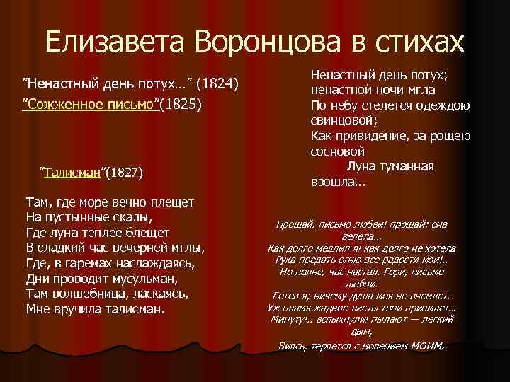Елизавета Воронцова в стихах ”Ненастный день потух…” (1824) ”Сожженное письмо”(1825) ”Талисман”(1827) Там, где море