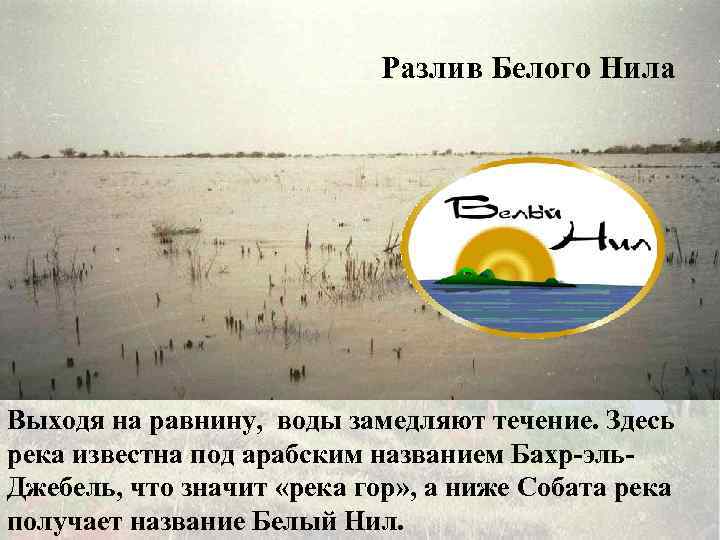  Разлив Белого Нила Белый Нил Выходя на равнину, воды замедляют течение. Здесь река