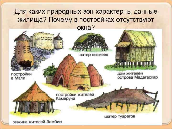 Для каких природных зон характерны данные жилища? Почему в постройках отсутствуют окна? 