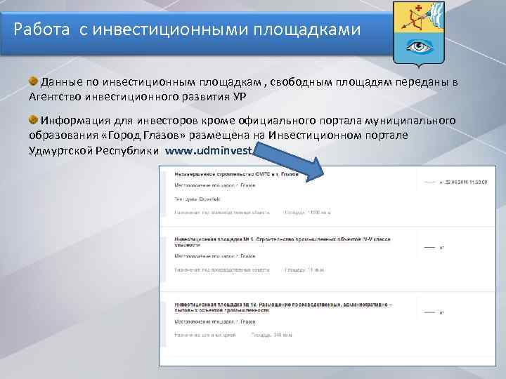 Работа с инвестиционными площадками Данные по инвестиционным площадкам , свободным площадям переданы в Агентство