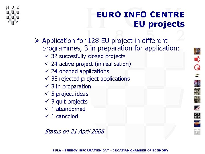 EURO INFO CENTRE EU projects Ø Application for 128 EU project in different programmes,