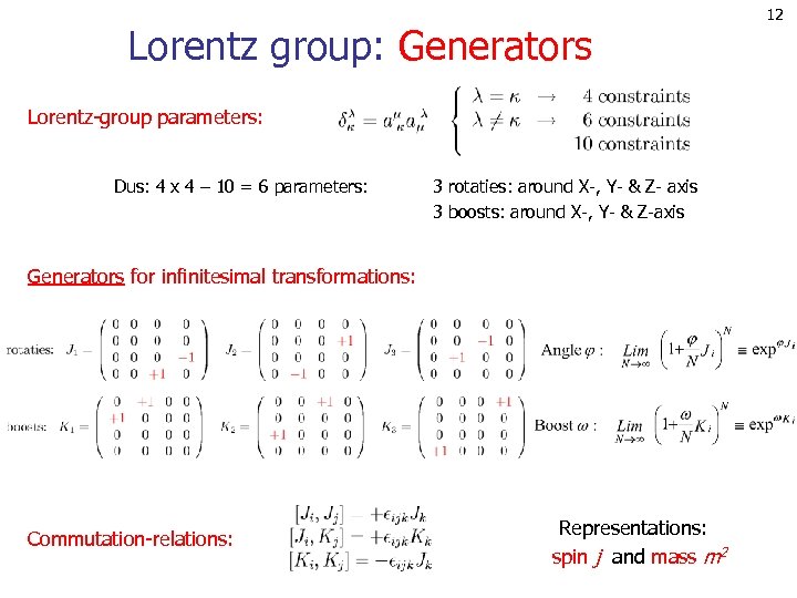 Lorentz group: Generators Lorentz-group parameters: Dus: 4 x 4 – 10 = 6 parameters: