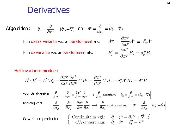 Derivatives Afgeleiden: en Een contra-variante vector transformeert als: Een co-variante vector transformeert als: Het