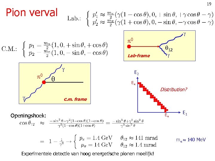 19 Pion verval 0 12 Lab-frame 0 E 2 E Distribution? c. m. frame