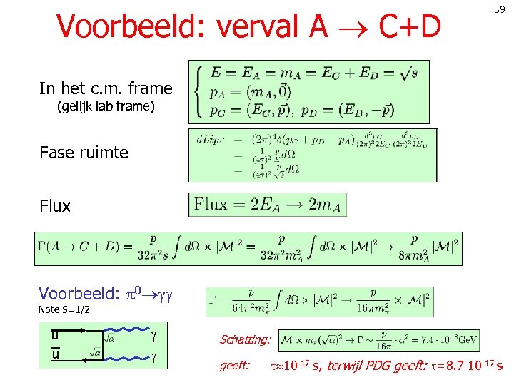 Voorbeeld: verval A C+D 39 In het c. m. frame (gelijk lab frame) Fase