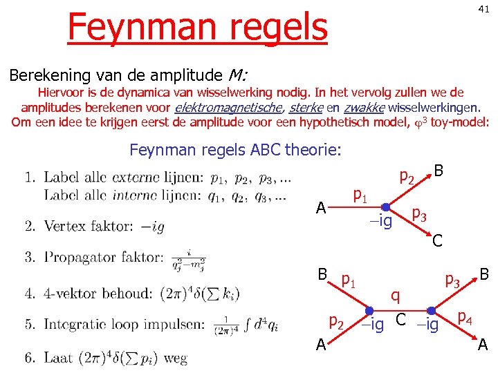 Feynman regels 41 Berekening van de amplitude M: Hiervoor is de dynamica van wisselwerking