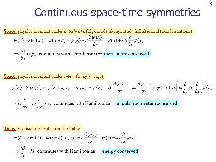 Continuous space-time symmetries Space: physics invariant under x x’ x+ (if possible always study