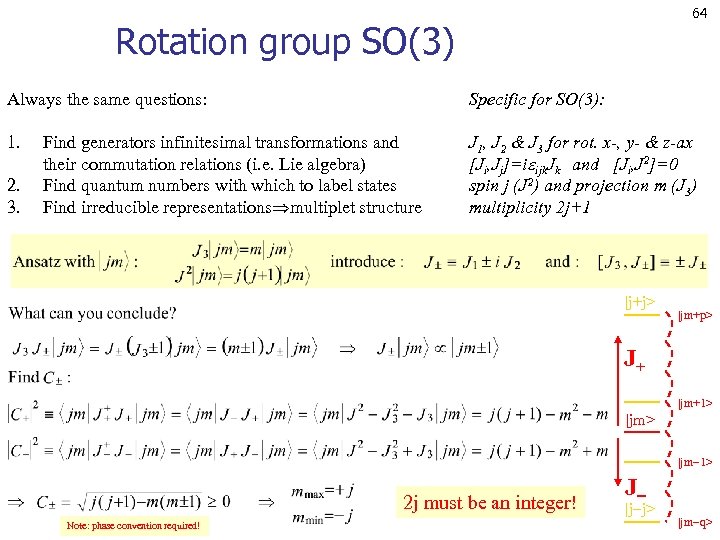 64 Rotation group SO(3) Always the same questions: Specific for SO(3): 1. J 1,