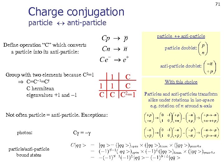 71 Charge conjugation particle anti-particle Define operation “C” which converts a particle into its