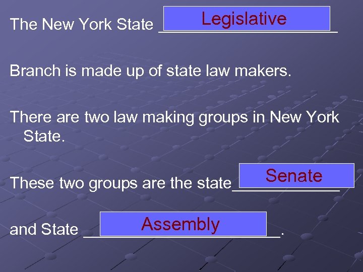 Legislative The New York State __________ Branch is made up of state law makers.