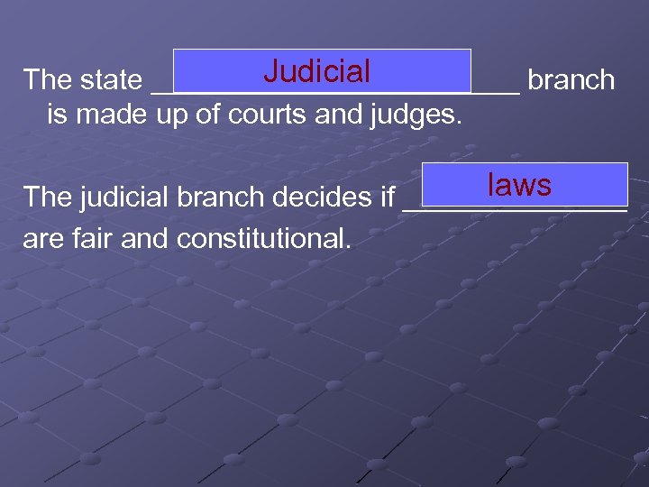 Judicial The state ____________ branch is made up of courts and judges. laws The