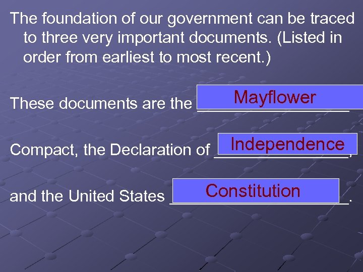 The foundation of our government can be traced to three very important documents. (Listed