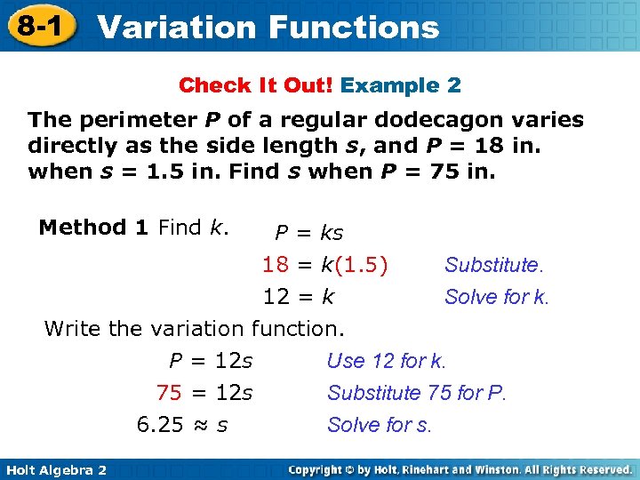 8 -1 Variation Functions Check It Out! Example 2 The perimeter P of a